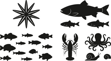 Sea animal silhouettes including fish octopus lobster starfish and snail isolated vector set for marine and ocean design © MdMazibur