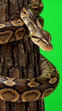 Ball python snake with intricate patterns coiled around a textured tree trunk against a vibrant green screen background.