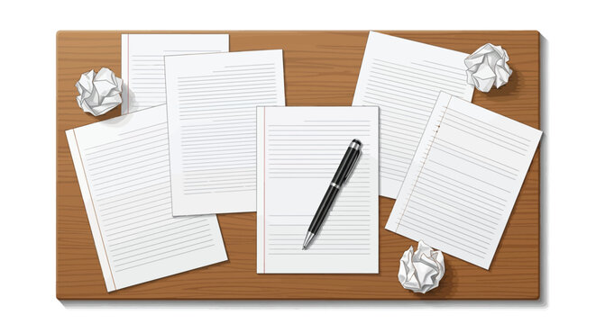 Wooden Desk with Lined Paper, Pen, and Crumpled Paper Balls