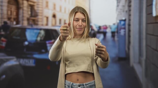 Woman with exposed belly button holds open palm stop and points forward toward camera on a crowded city street beside parked cars; warning boundary protection.