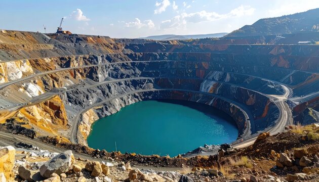 Vast Open Pit Mine with Turquoise Water Lake and Excavation Terraces.