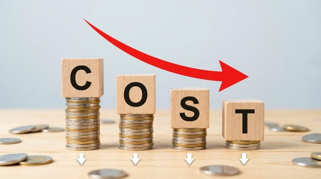 Wooden blocks spelling cost stacked on rising coins with a red arrow indicating a sharp downward trend illustrating financial reduction and expense decrease signifying savings