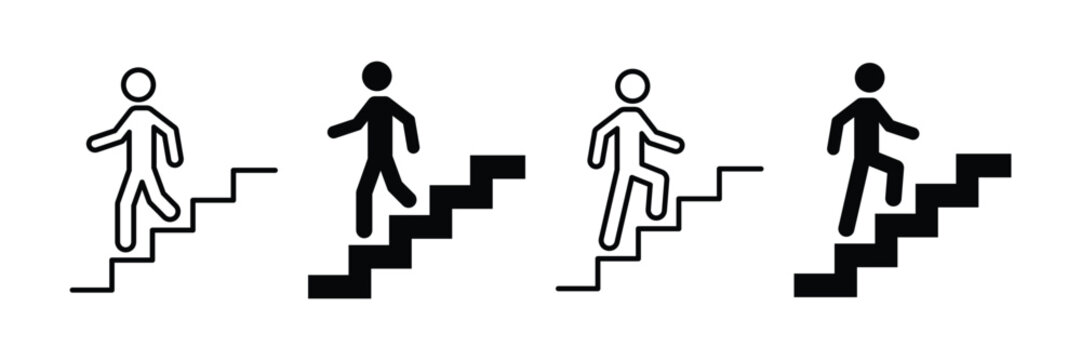 Stairs icon set. Bundle label sticker direction up and down stairs. Man on the stairs icon. Man climbing stairs icon. Exit direction evacuation ladder sign