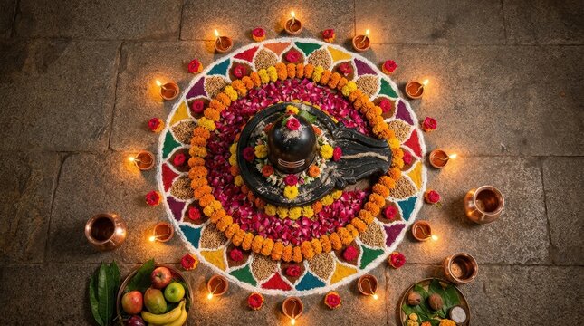 Top View Sacred Lingam with Rangoli Pattern and Diya Lights in Symmetrical Ritual Layout
