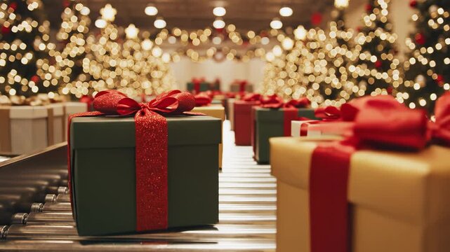 Gift boxes on conveyor near Christmas trees for creative digital media and visual arts