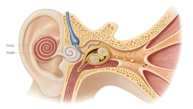 Illustration of a cochlear implant being inserted into the inner ear structure