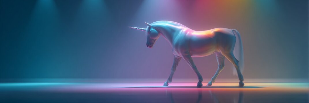 neon unicorn 3d render running through futuristic cyberpunk light background
