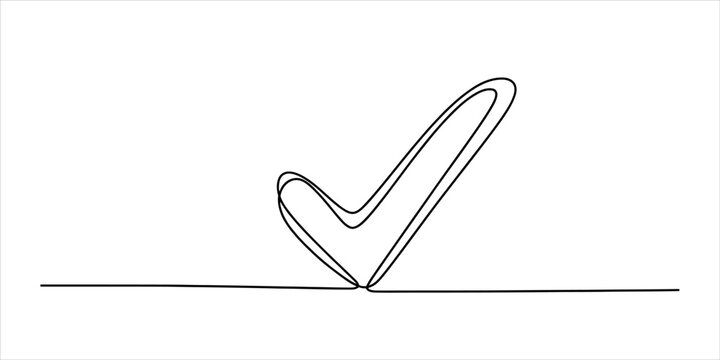 Continuous single line drawing of a check mark symbol representing a correct choice or task completion as a simple minimalist vector icon design for business