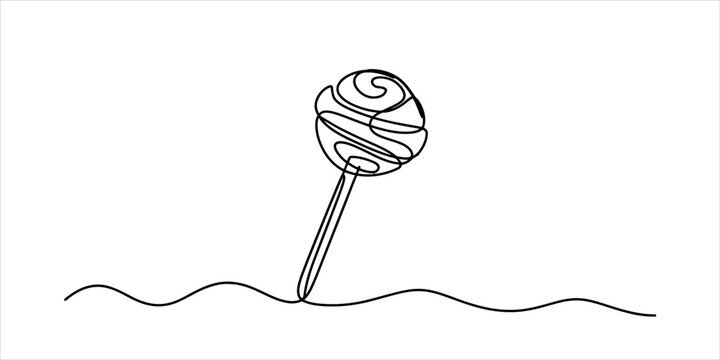 Continuous single line drawing of a sweet candy lollipop on a stick for creative minimal design art