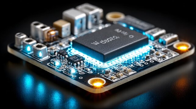 electronic circuit board closeup with microchip and blue led technology lighting background