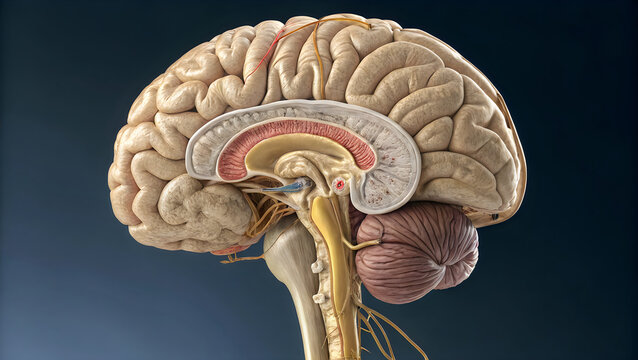 Anatomical view of the human brain with a sagittal section highlighting internal structures