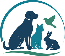 Obraz premium Stylized illustration of a dog, cat, rabbit and bird in green and blue