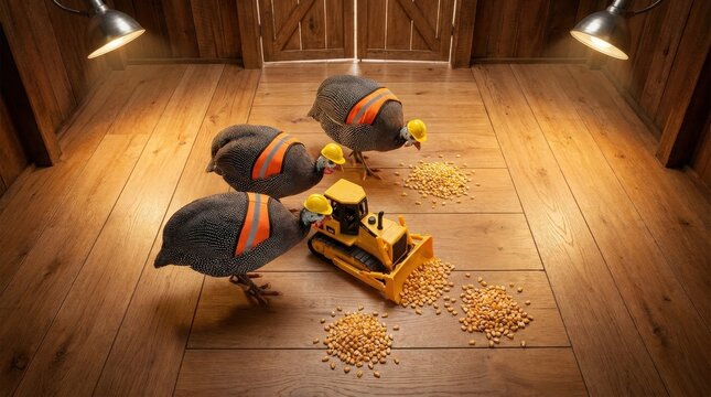 Guinea Fowl Sporting Miniature Hard Hats and Safety Vests Near Toy Bulldozer in Barn
