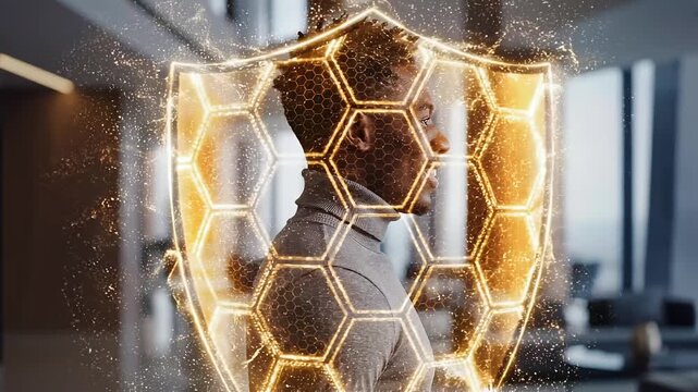 Man observing a financial interface as a thin safety buffer expands into a stable protective shield around their profile. Concept of risk management, financial security, savings growth