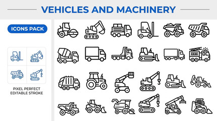 Vehicles machinery outline vector icon set for transport use © Pixel_Forge