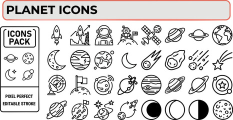 Planet and space icon collection in playful outline style for science education graphics © Pixel_Forge