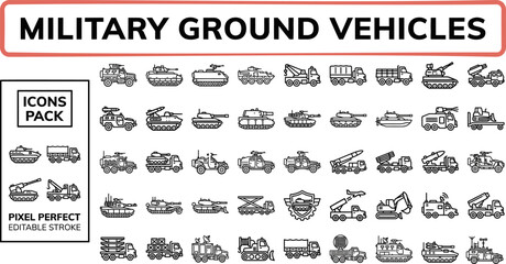 Military ground vehicle icon set in precise outline style for defense maps and strategy briefs © Pixel_Forge
