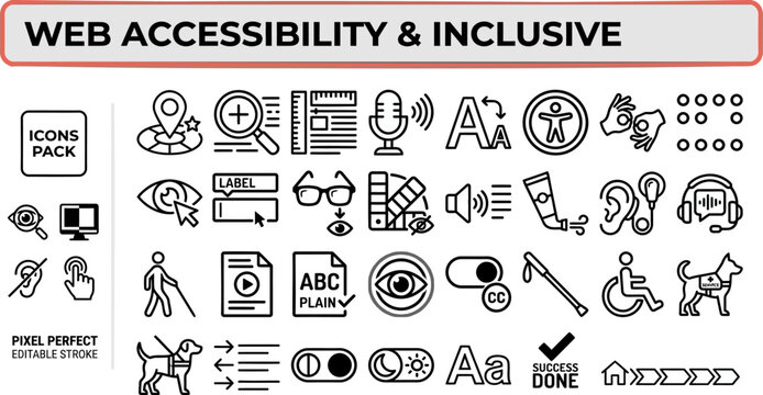 Web Accessibility and Inclusive Design outline icon set. Featuring screen reader, contrast, captions, audio aid, and disability symbols. Editable stroke vector icons for inclusive UX design.