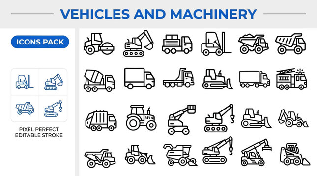 Vehicles machinery outline vector icon set for transport use