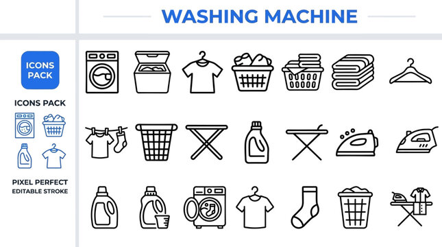 Washing Machine and Laundry outline icon set. Featuring detergent, dryer, basket, clothes, and spin cycle symbols. Editable stroke vector icons for laundry service and home appliance design.
