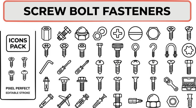 Screw Bolt and Fastener outline icon set. Featuring nut, washer, hex, anchor, and rivet symbols. Editable stroke vector icons for hardware shop and mechanical engineering design template.