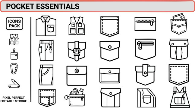 Pocket essentials outline vector icon set isolated on white