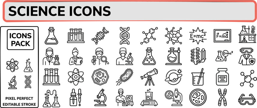 Science and Research Laboratory outline icon set. Featuring beaker, atom, microscope, formula, and experiment symbols. Editable stroke vector icons for academic study and STEM education.