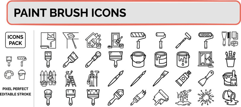 Paint Brush and Art Tool outline icon set. Featuring brush, roller, palette, paint can, and easel symbols. Editable stroke vector icons for artist studio and painting service design template.