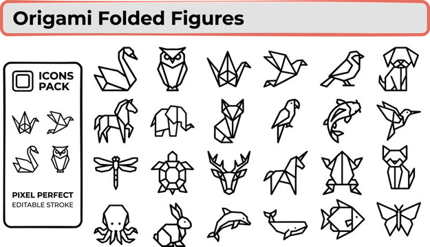 Origami Folded Figure outline icon set. Featuring paper crane, swan, frog, butterfly, and folded animal symbols. Editable stroke vector icons for paper craft and origami hobby design.