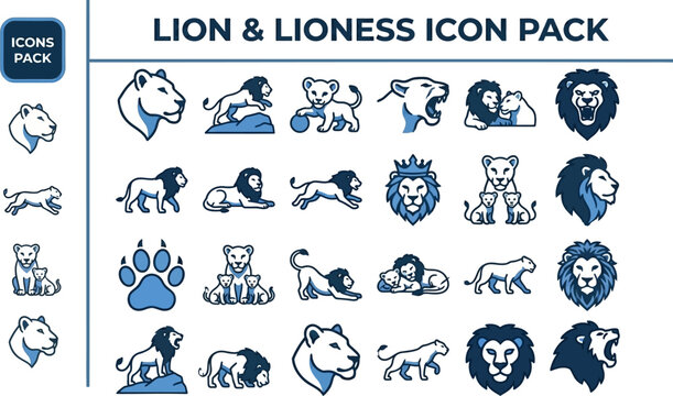 Lion and Lioness Wildlife outline icon set. Featuring mane, pride, cub, roar, and big cat symbols. Editable stroke vector icons for safari wildlife and zoo presentation design template.