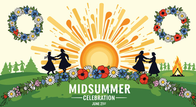 Illustration of a vibrant Midsummer celebration with people dancing, flower wreaths, a bonfire, and a radiant sunburst over a green landscape.