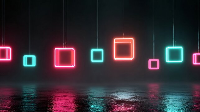 neon geometric squares hologram light boxes in futuristic cyberpunk background