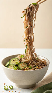 Photorealistic vertical soba noodle bowl sesame tamari glaze cucumber ribbons nori seed topping bright natural daylight clean minimal composition