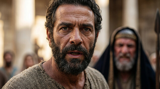Apostle Peter and John preaching to people in Jerusalem temple court while facing confrontation by Sadducees and guards. Biblical scene from Acts of the Apostles showing faith and conflict 