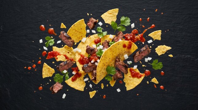 Delicious nachos with cheese, salsa, and meat on black