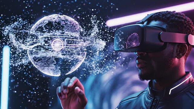 Man using VR headset interacting with digital sphere highlighting geometric patterns and contemporary art