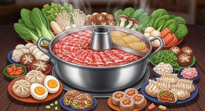 A large pot of food with many plates of food around it illustration