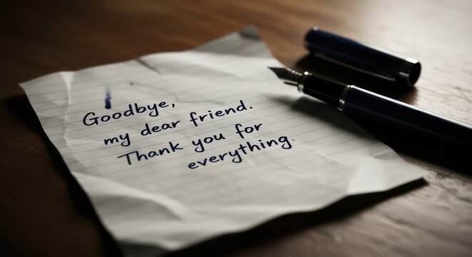 Handwritten Goodbye Note with Fountain Pen on Wooden Table.