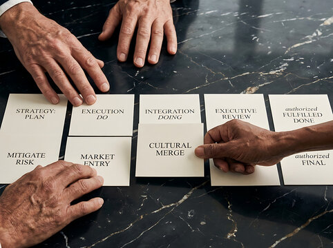 Business executives collaboratively plan a corporate merger, arranging concept cards for market entry, risk mitigation, and cultural integration strategies