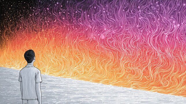 surreal man facing glowing liquid waves and cosmic energy, abstract neon ocean scene