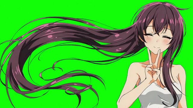 Anime Girl Hair Flow on Green Screen 3D Animation