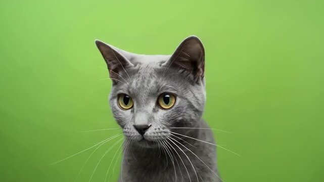 Realistic Gray Cat Portrait on Green Screen 3D Animation