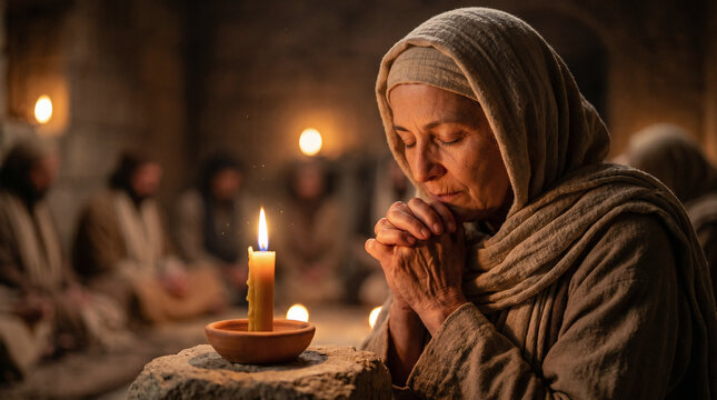 Group of disciples and woman gathering in upper room for prayer. Acts of the Apostles, biblical scene depicting early Christian community meeting. Historical religious historical reenactment 