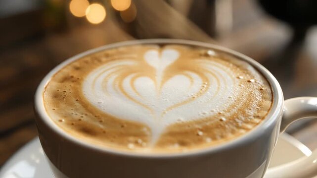Close-up of a white ceramic cup containing a hot cafe latte with triple heart latte art design in the milk foam, placed on a wooden table with warm bokeh background lighting.