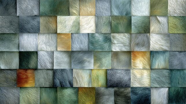 abstract fur texture background with green blue beige and gold square tiles