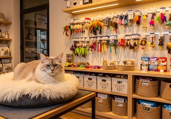 Persian Cat Resting Comfortably on Bed Surrounded by Pet Accessories in Shop