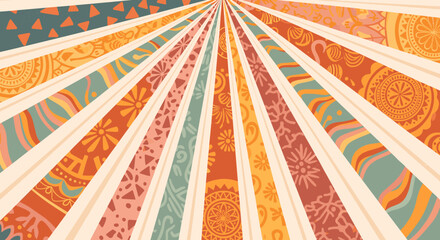 A vibrant sunburst pattern featuring a kaleidoscope of colorful geometric and floral motifs radiating outwards. © umah
