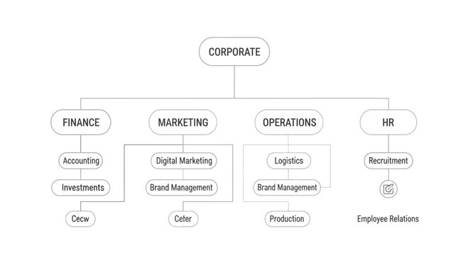 Corporate organizational chart, business management structure, company operations flowchart, vector diagram