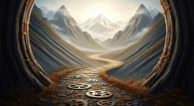 Surreal winding gear path leading to snowy mountains at sunset