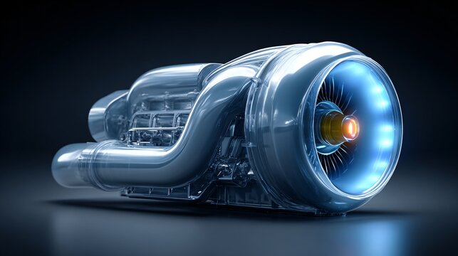 3d rendered jet engine turbine assembly with blue glow technology background